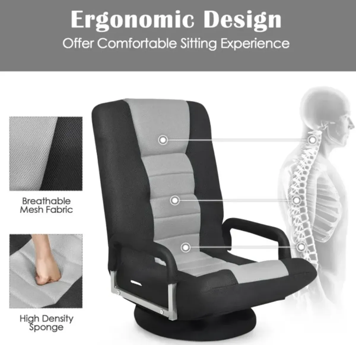 Hivvago 360-Degree Swivel Gaming Floor Chair with Foldable Adjustable Backrest