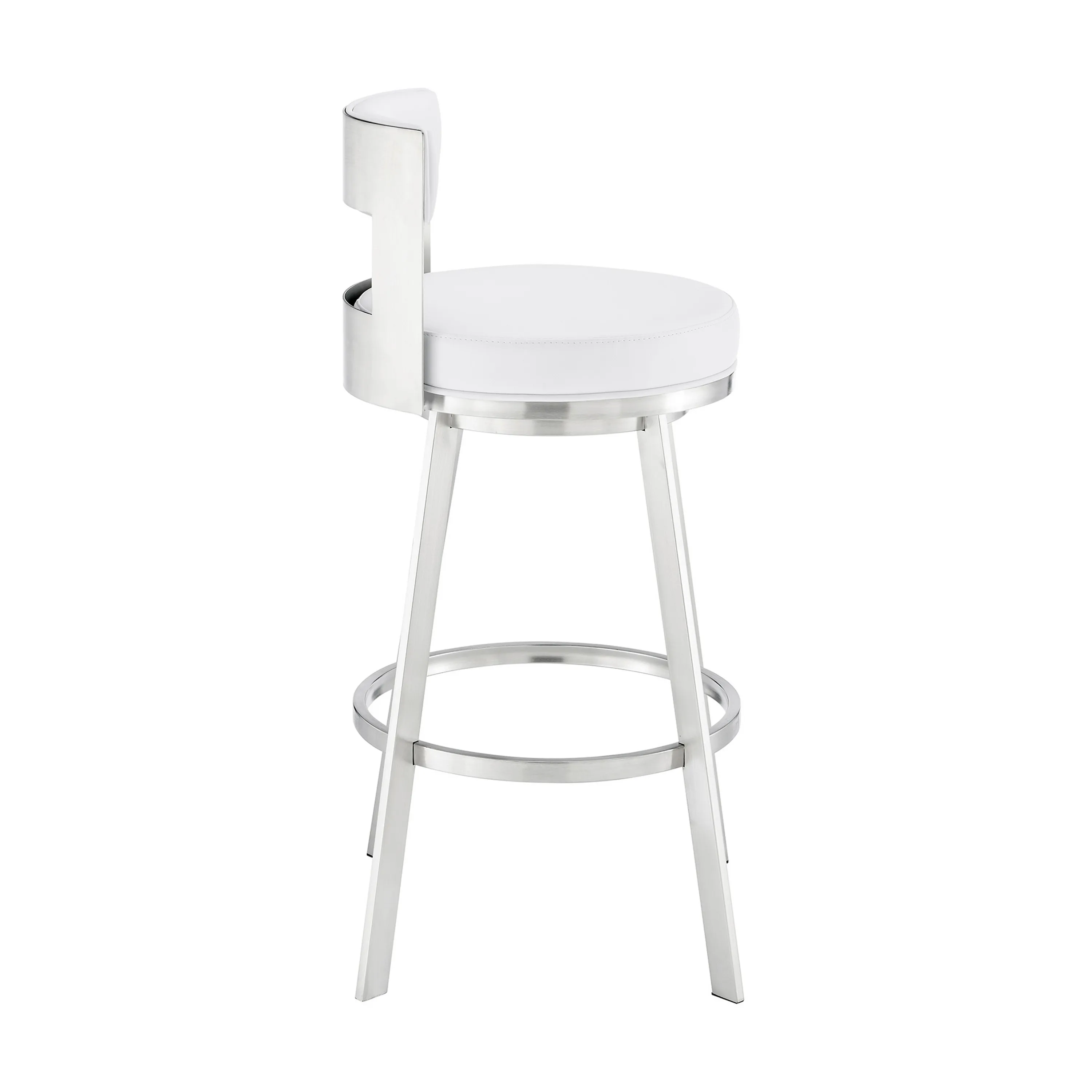 Ami 26 Inch Swivel Counter Stool Chair, White Faux Leather, Stainless Steel - Benzara