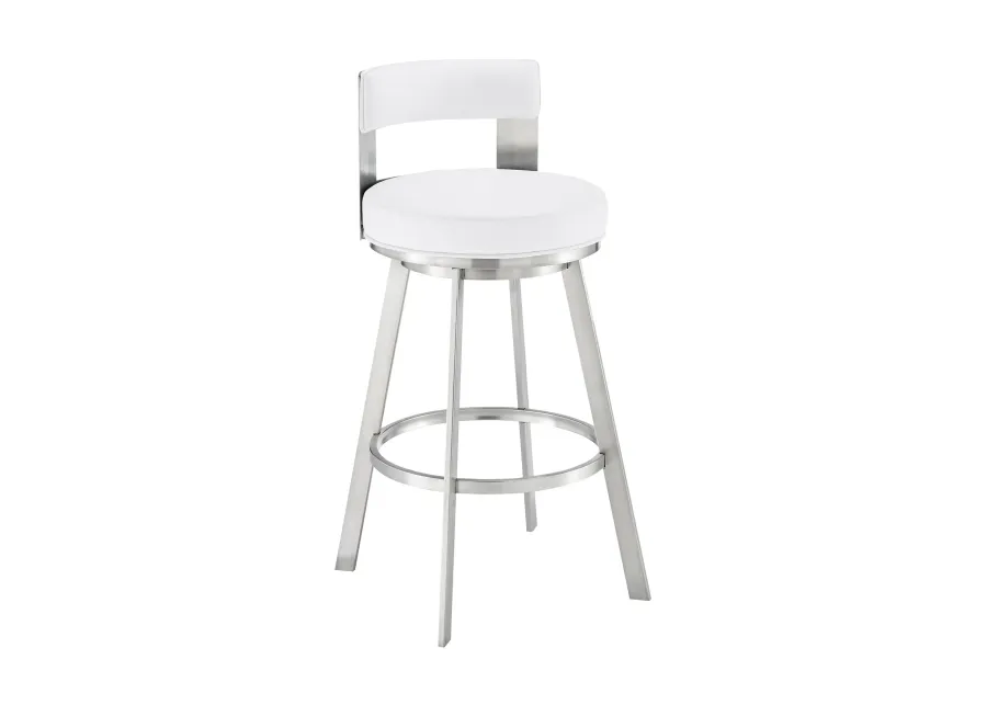 Ami 26 Inch Swivel Counter Stool Chair, White Faux Leather, Stainless Steel - Benzara