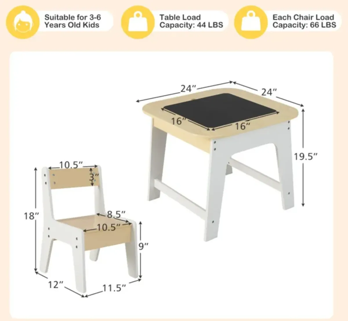 Hivvago Kid's Table and Chairs Set with Double-sized Tabletop-Natural