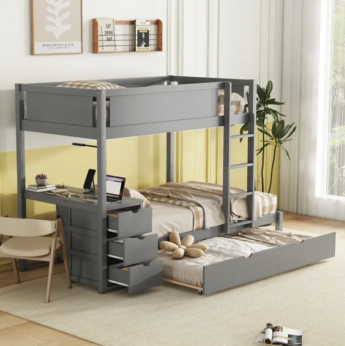 Merax  Bunk Bed with Trundle and Desk