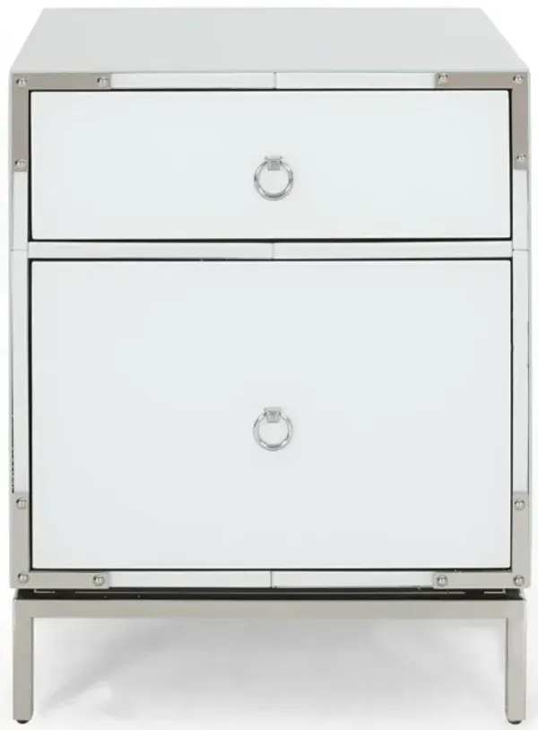 Streamdale Elegant White Glass Nightstand With 2 Drawers