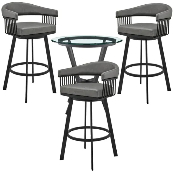 Mia 4 Piece Counter Height Dining Set, Glass Top, Gray Vegan Leather, Black - Benzara