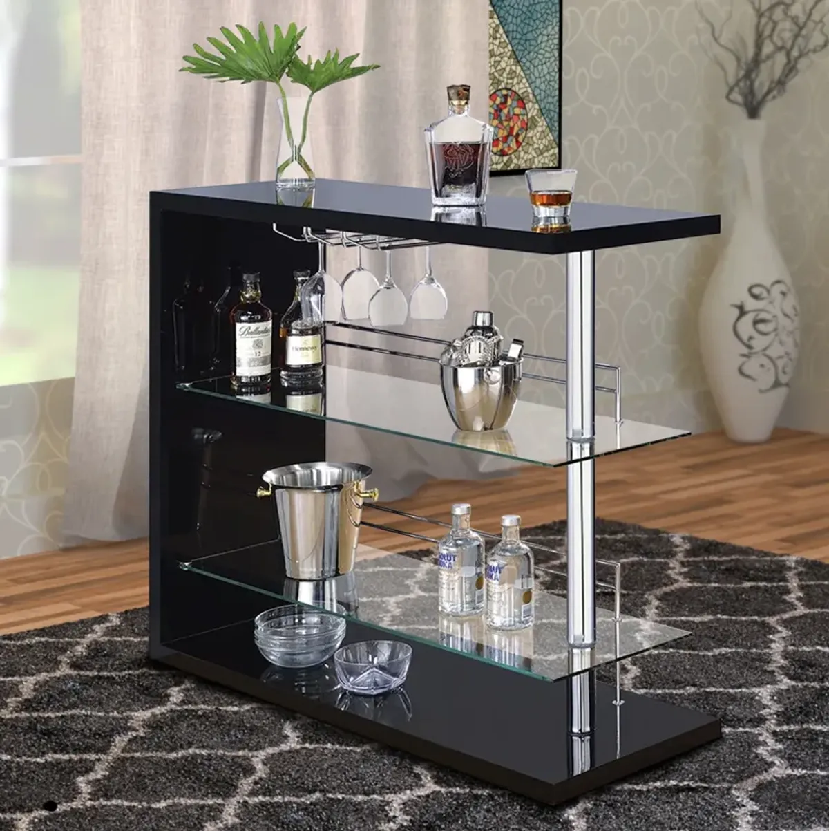 Enticing Rectangular Bar Unit with 2 Shelves and Wine Holder, Black-Benzara