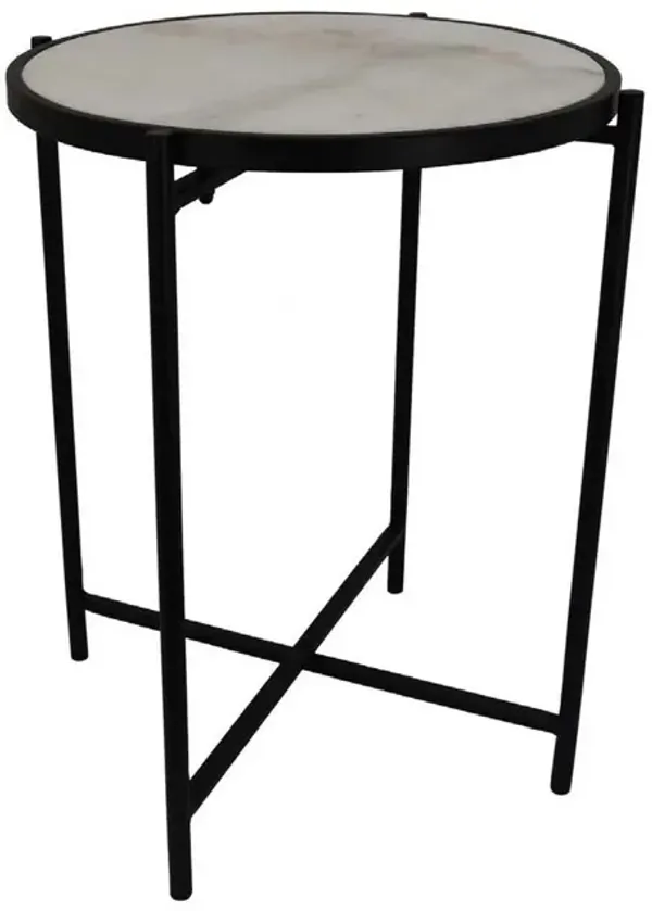 Kiny Accent Plant Stand Table, 22 Inch, Black Metal Frame White Marble - Benzara