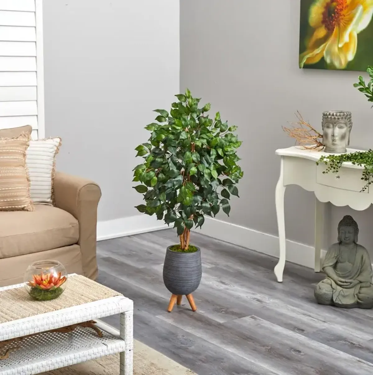 Hivvago 4 Feet Ficus Artificial Tree in Gray Planter with Stand