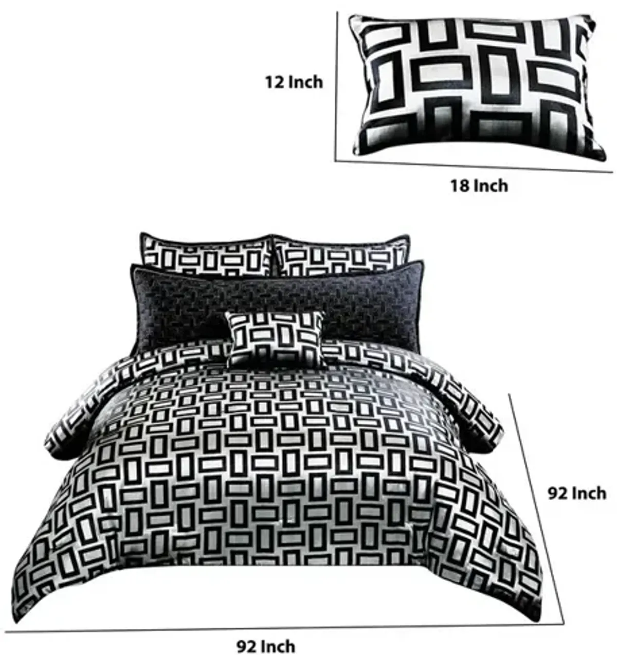 6 Piece Polyester Queen Comforter Set with Geometric Print, Gray and Black - Benzara