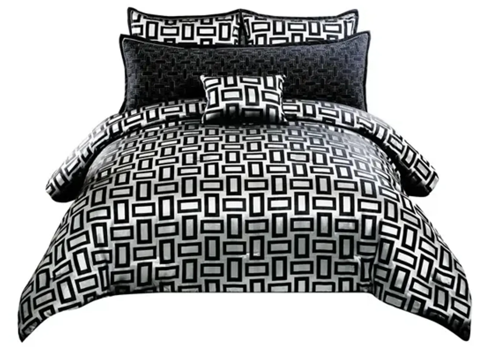 6 Piece Polyester Queen Comforter Set with Geometric Print, Gray and Black - Benzara