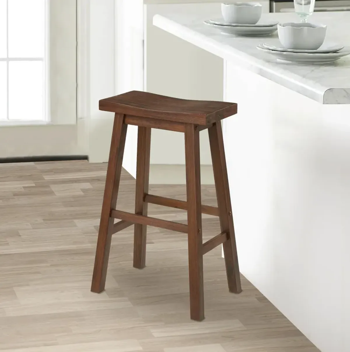 Saddle Design Wooden Barstool with Grain Details, Brown-Benzara