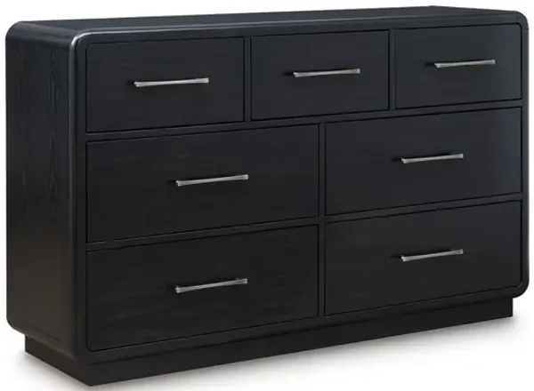 Robeck Wide Dresser, 7 Drawer, Black 64 Inch, Silver Metal Handles - Benzara