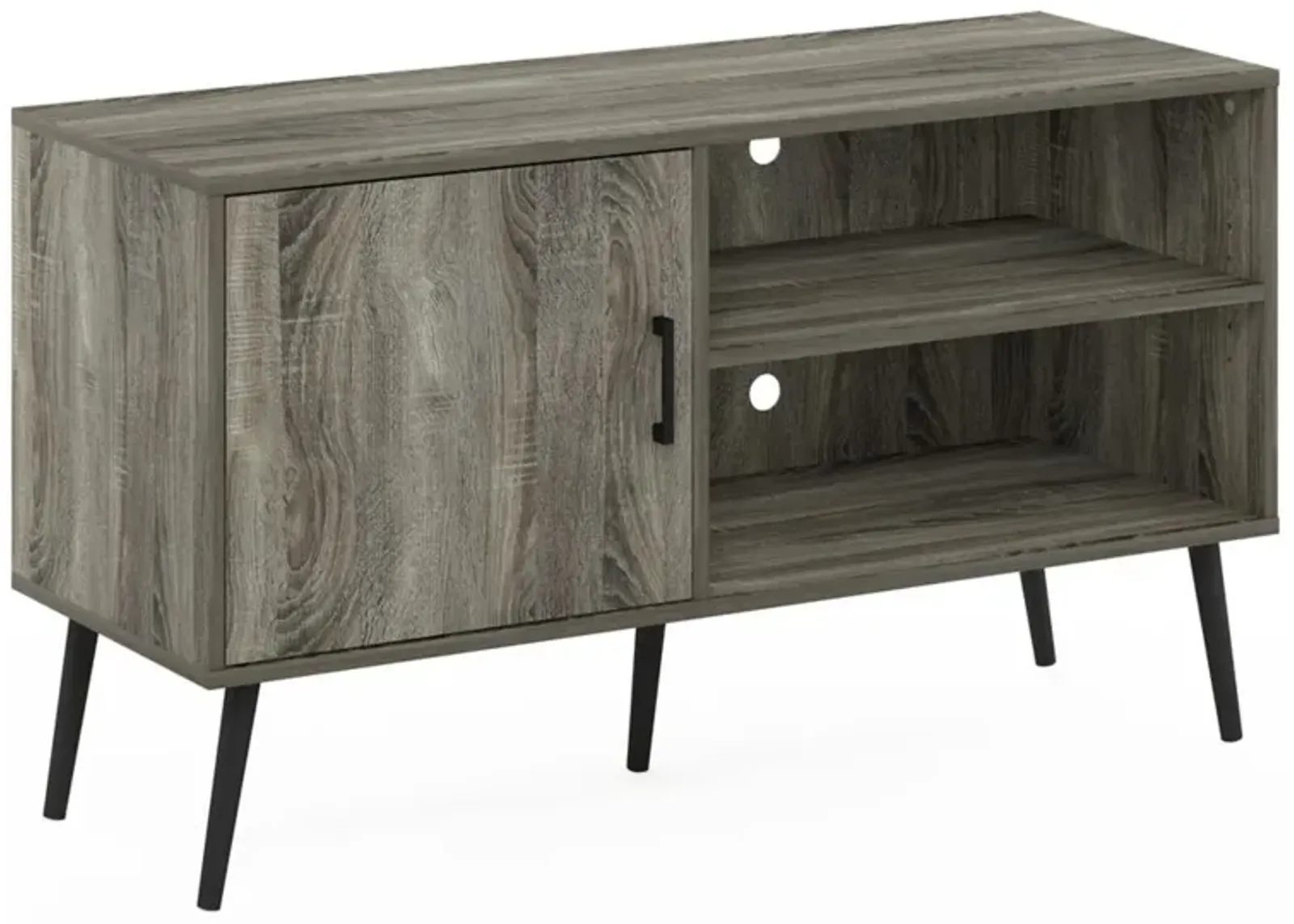 Furinno Furinno Claude Mid Century Style TV Stand with Wood Legs, One Cabinet Two Shelves, French Oak Grey