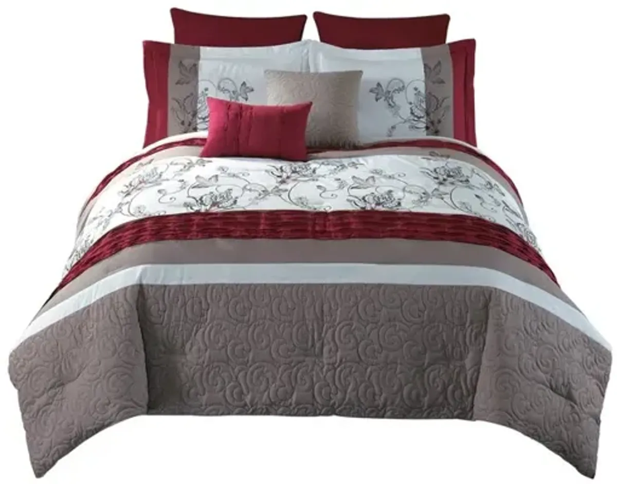 8 Piece King Polyester Comforter Set with Floral Print, Multicolor - Benzara