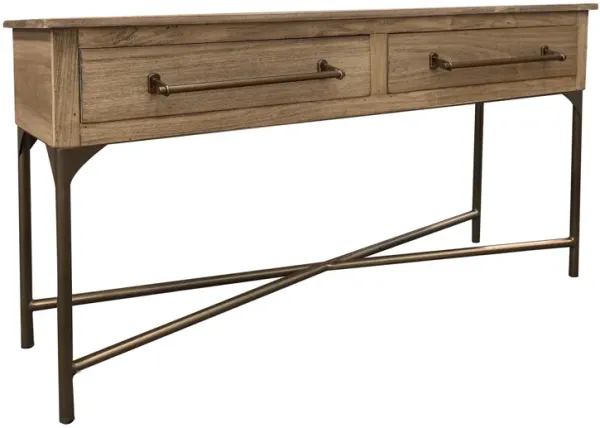 Bera 55 Inch Sofa Console Table, Cross Metal Base, 2 Drawers, Brown Wood