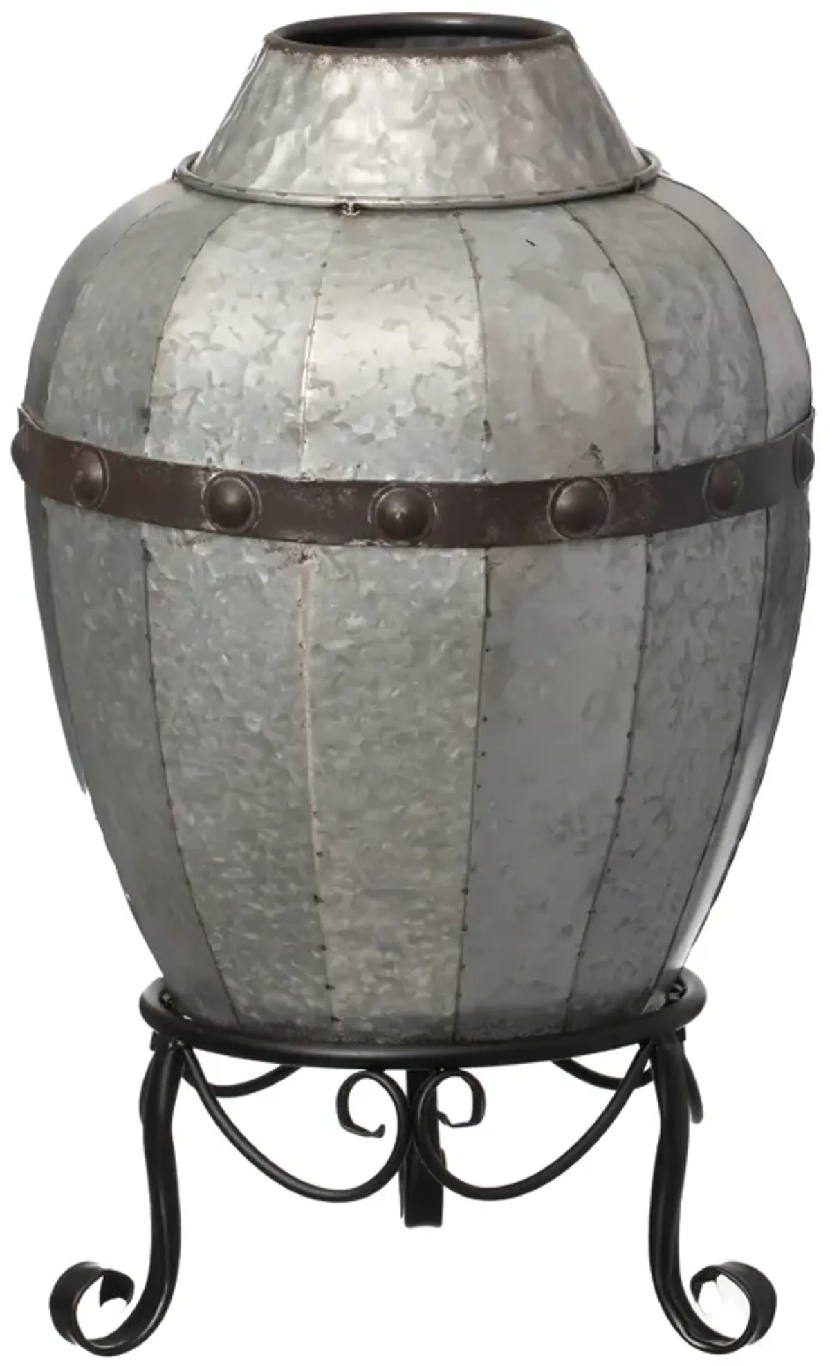 Rustic Silver Galvanized Barrel Shape Planter and Vase with Metal Stand