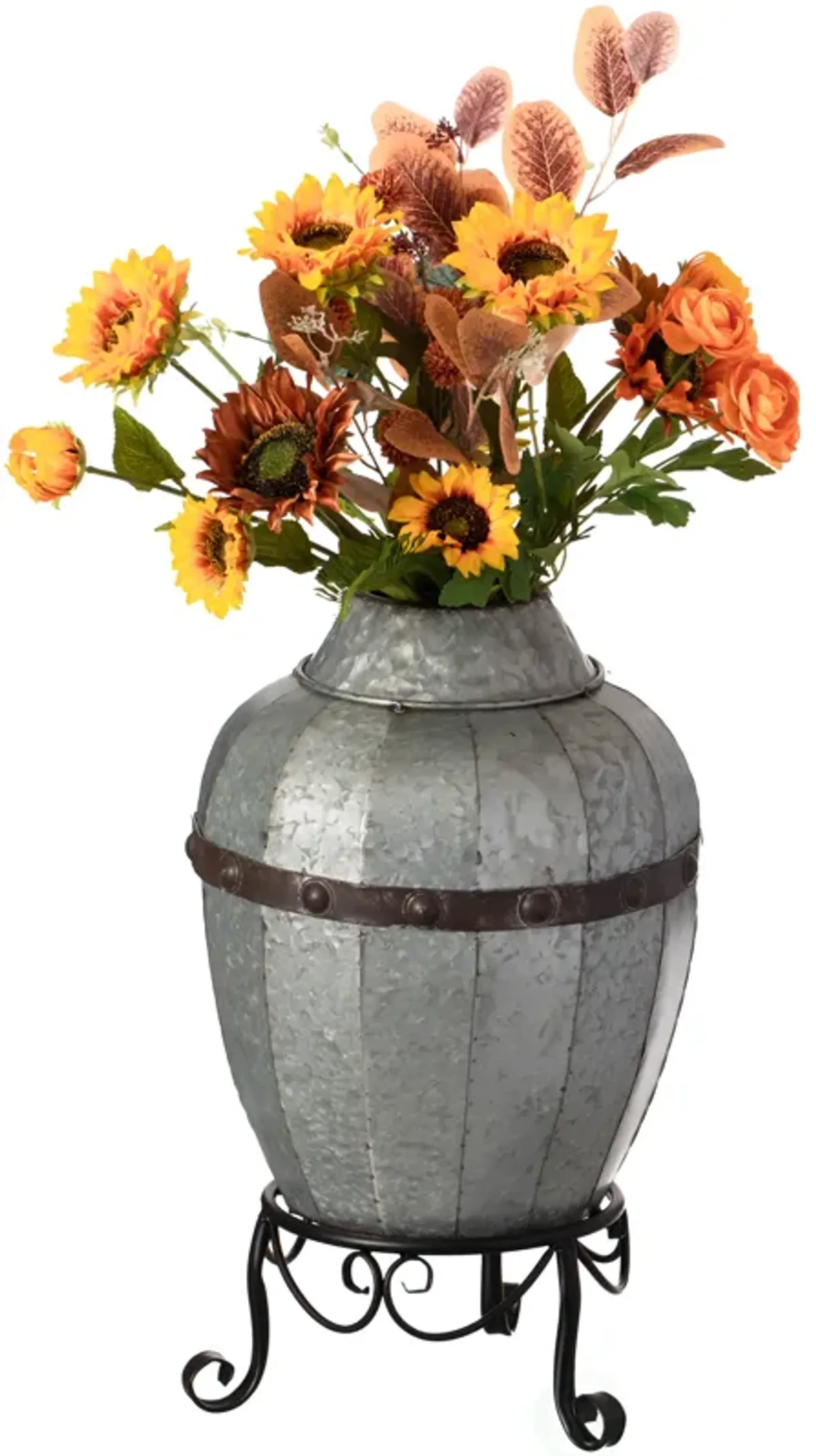 Rustic Silver Galvanized Barrel Shape Planter and Vase with Metal Stand