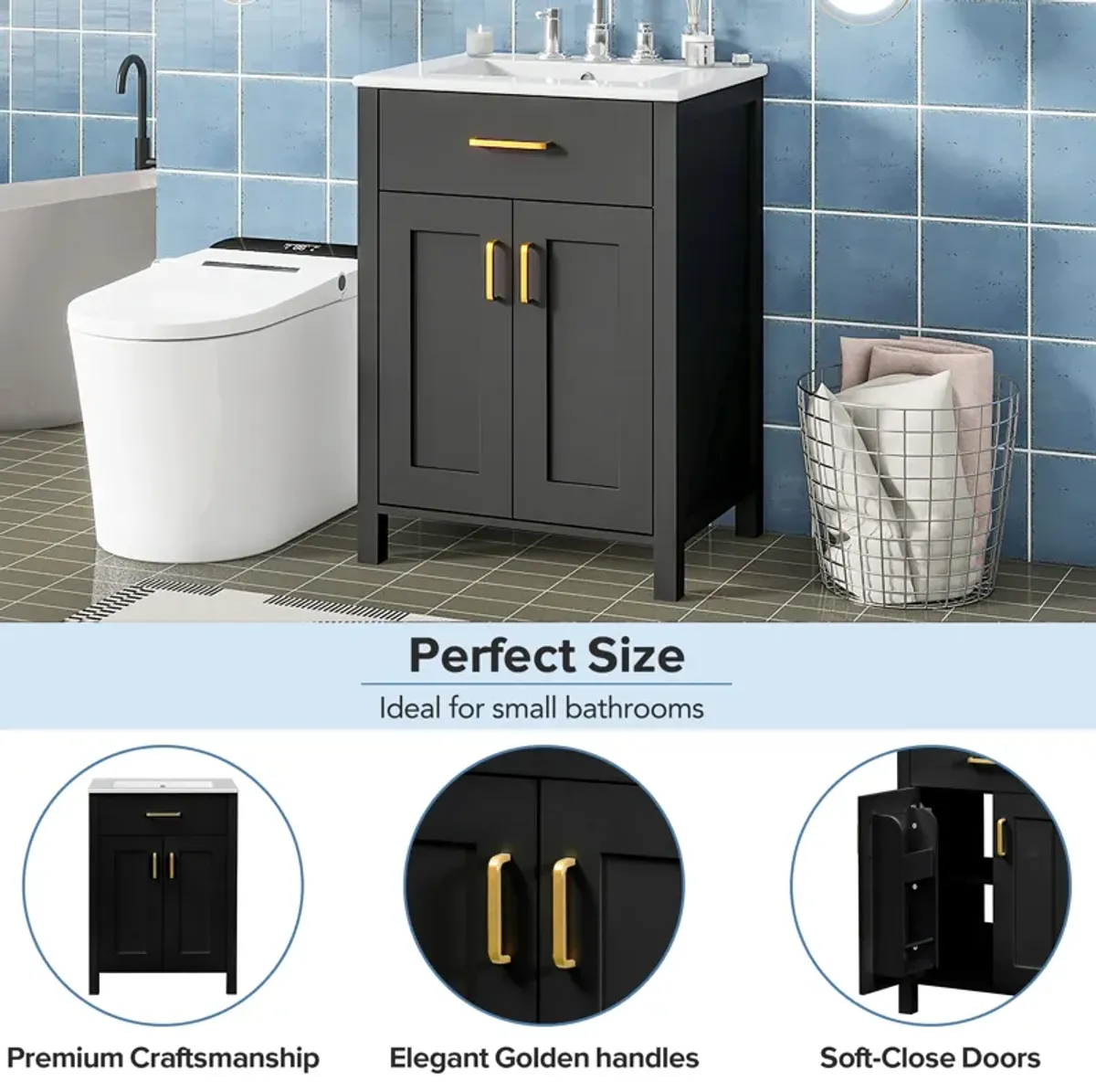 Gewnee 24"Bathroom Vanity Combo with Ceramic sink, Luxurious Space-Saving Vanity - W24"*D18"*H34"inch, 2 Soft Close Doors