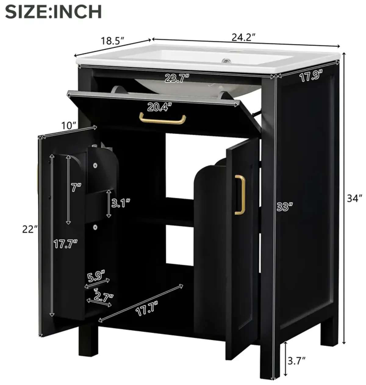 Gewnee 24"Bathroom Vanity Combo with Ceramic sink, Luxurious Space-Saving Vanity - W24"*D18"*H34"inch, 2 Soft Close Doors