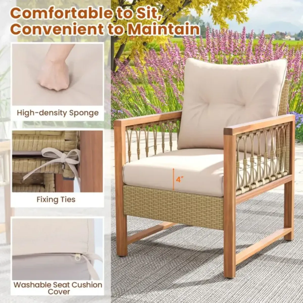 Hivvago 3 Pieces Patio Furniture Set with Acacia Wood Frame Cushions