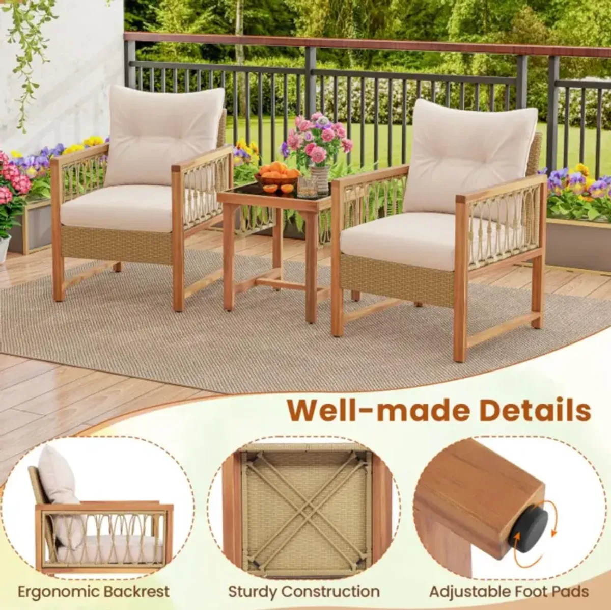 Hivvago 3 Pieces Patio Furniture Set with Acacia Wood Frame Cushions