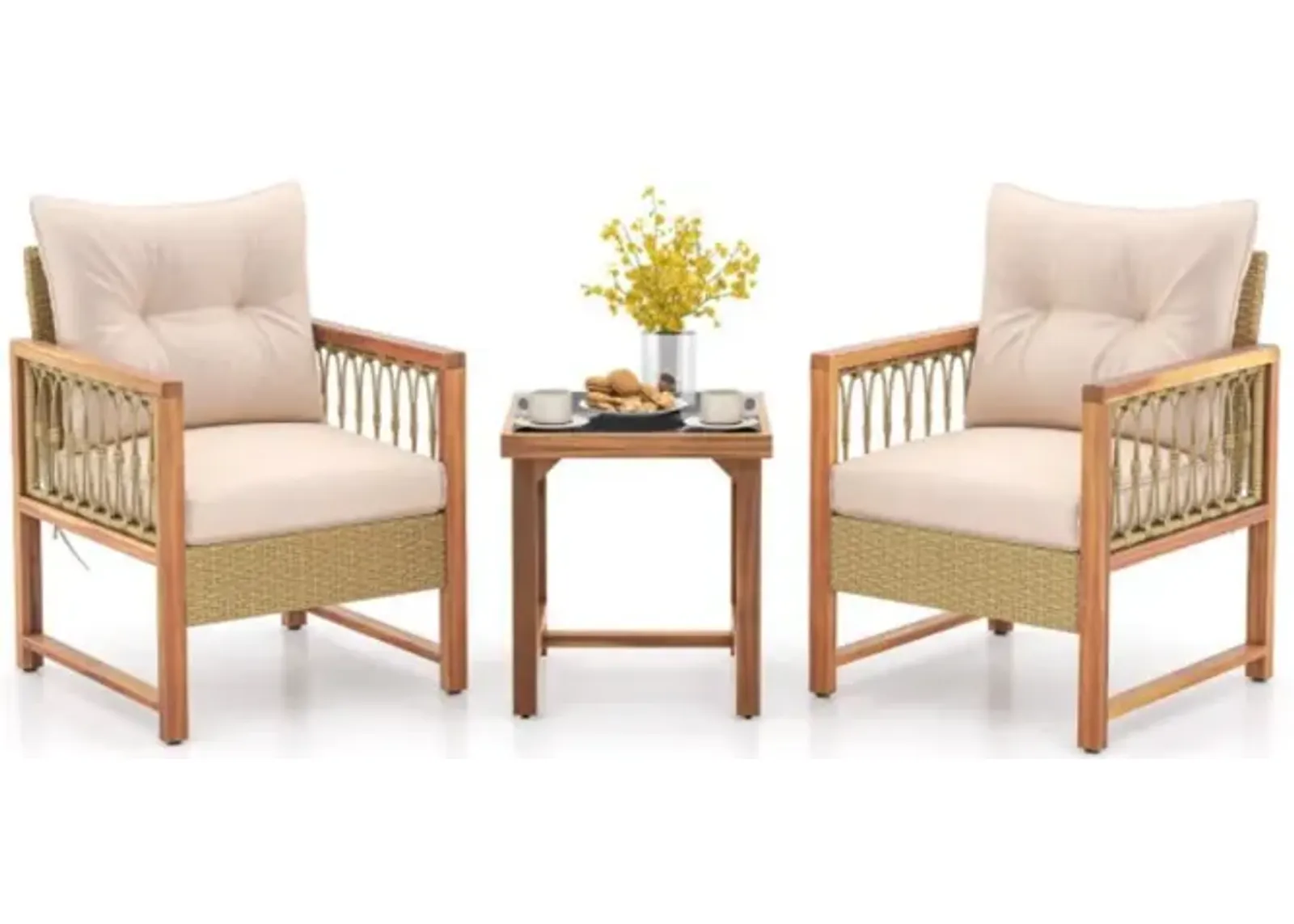 Hivvago 3 Pieces Patio Furniture Set with Acacia Wood Frame Cushions