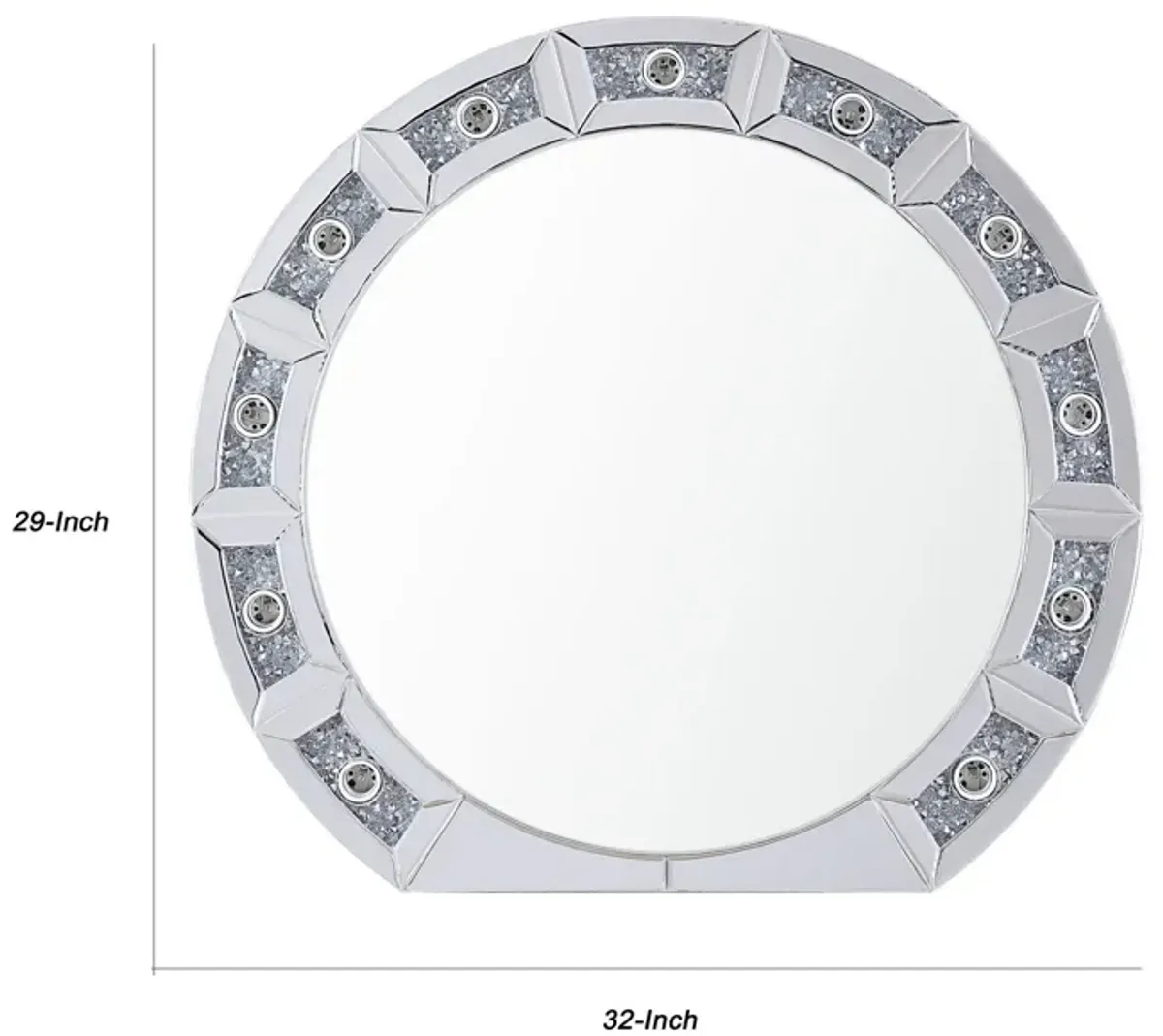 Round Mirror Panel Wall Decor with Light Function and Faux Diamond, Silver-Benzara