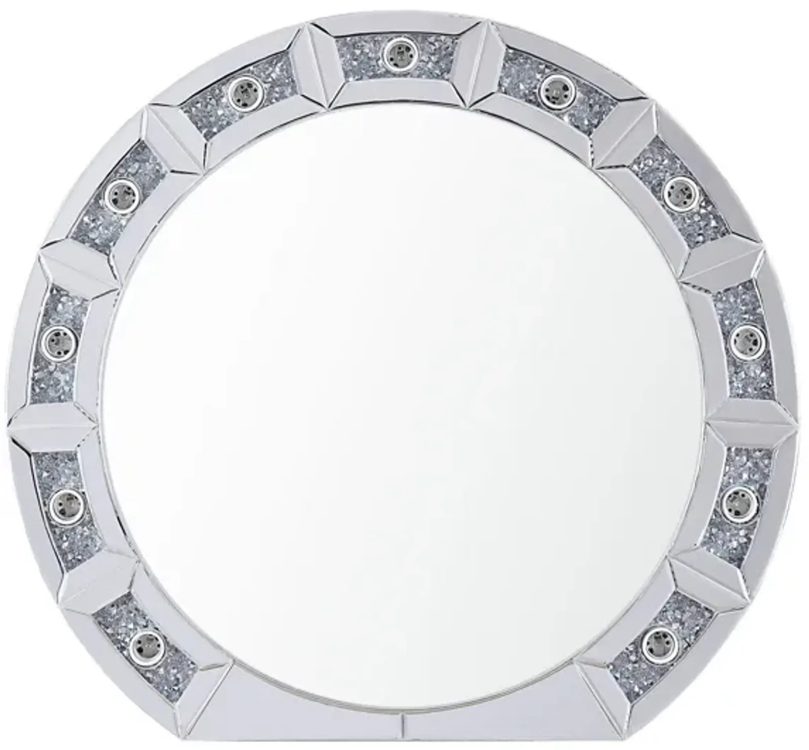 Round Mirror Panel Wall Decor with Light Function and Faux Diamond, Silver-Benzara