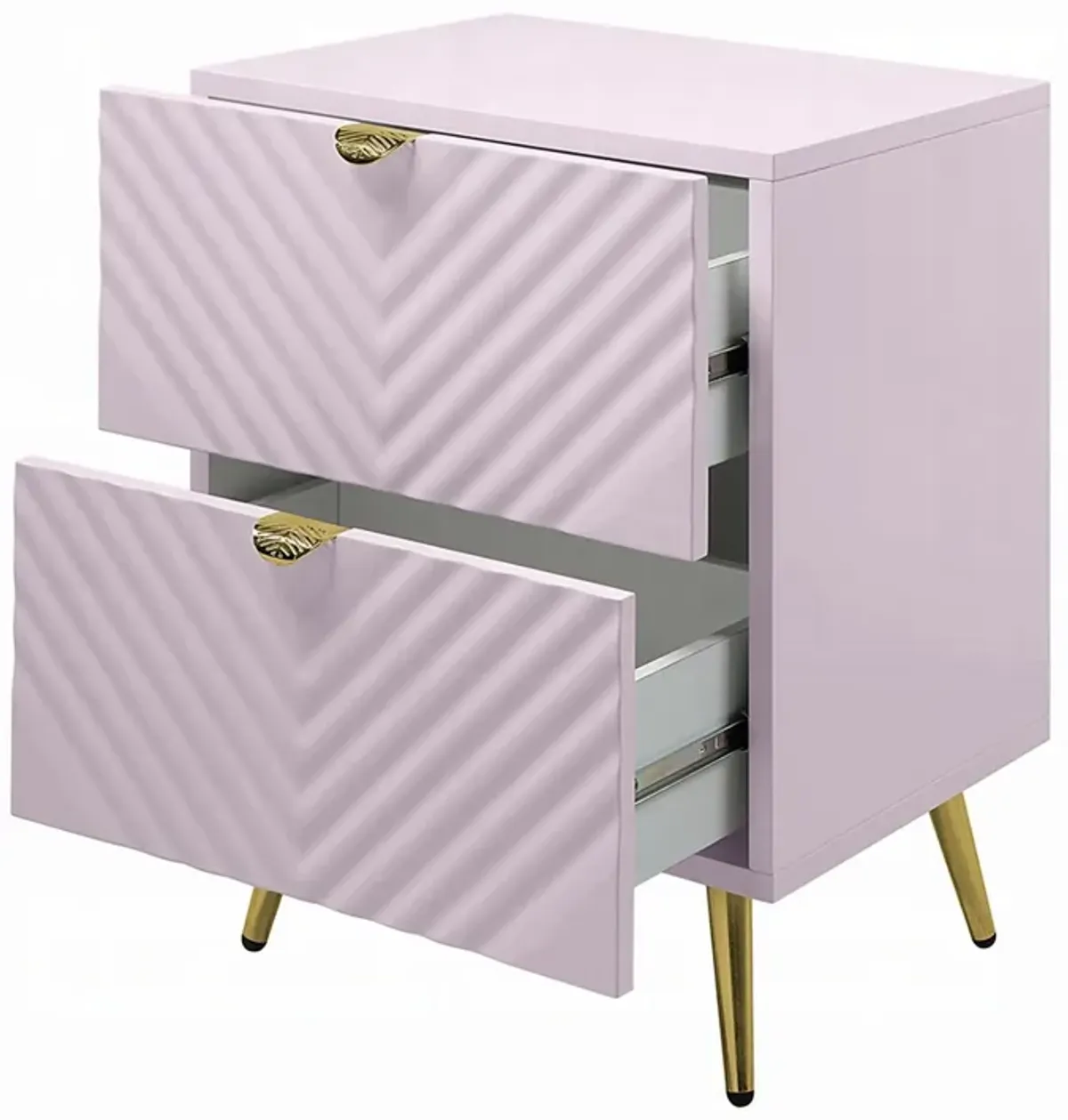 Tyra Nightstand, Geometric 2 Drawers, Gold Metal, 25 Inch Pink Wood - Benzara