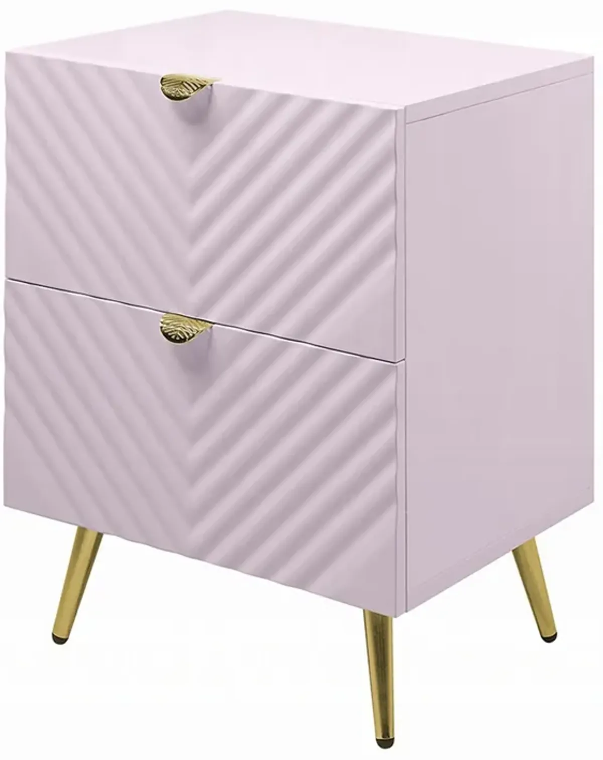 Tyra Nightstand, Geometric 2 Drawers, Gold Metal, 25 Inch Pink Wood - Benzara