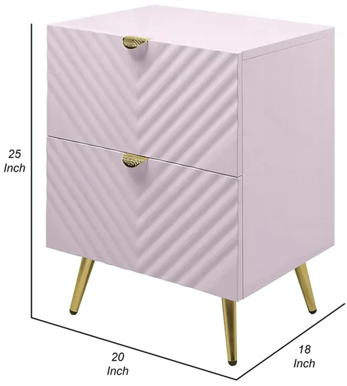 Tyra Nightstand, Geometric 2 Drawers, Gold Metal, 25 Inch Pink Wood - Benzara