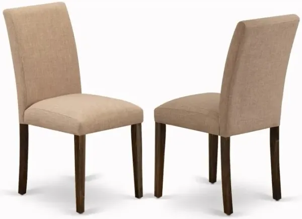 East West Furniture Set of 2 Parsons Chairs - Light Sable Linen Fabric Seat and High Back - Distressed Jacobean Finish