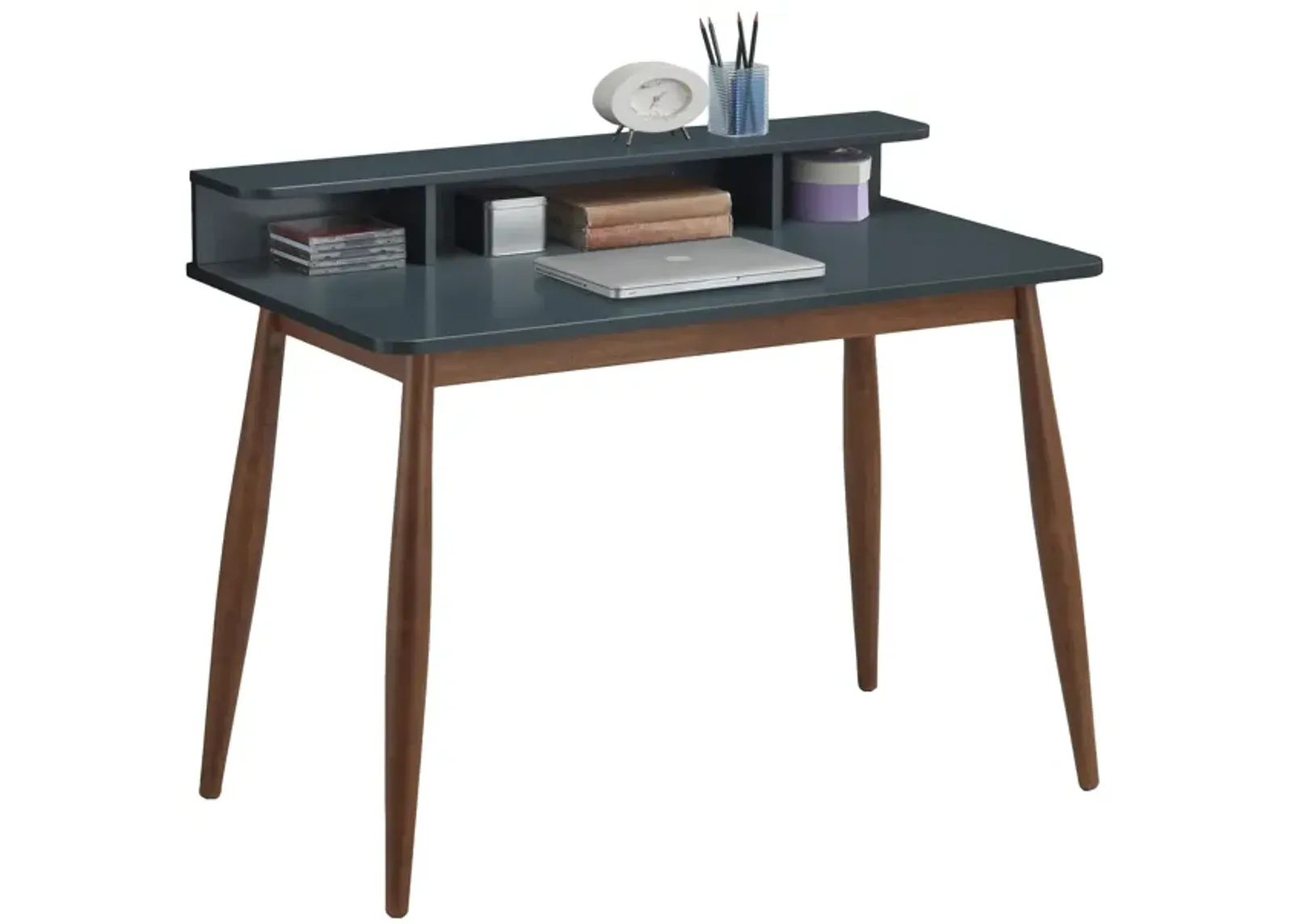 Mid-Century Modern Wood Writing Desk with Hutch, Grey