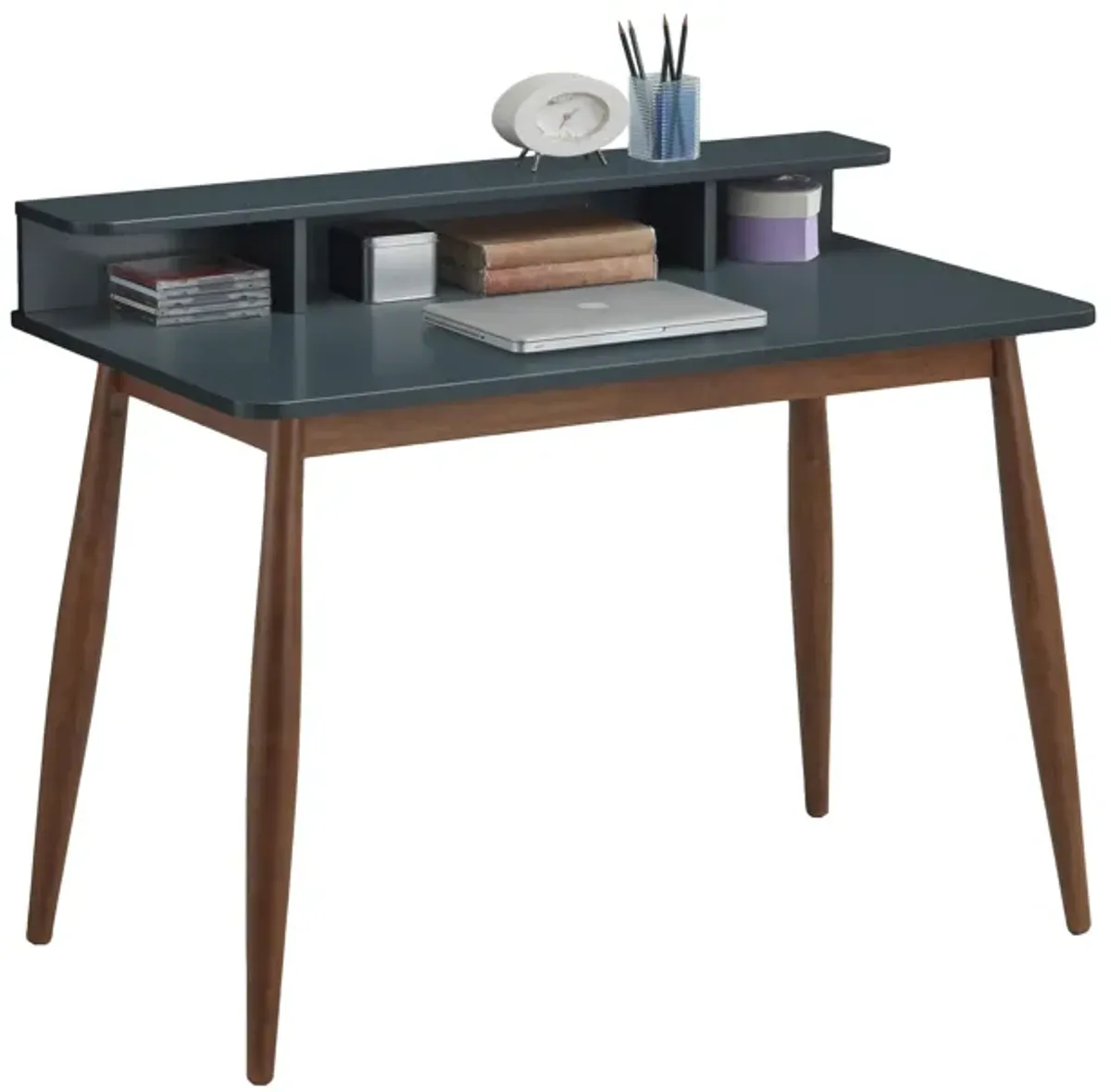 Mid-Century Modern Wood Writing Desk with Hutch, Grey