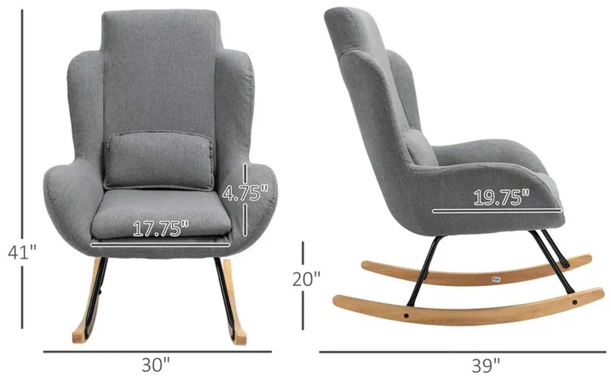 Light Grey Modern Rocker: Fabric Armchair with Removable Lumbar Pillow