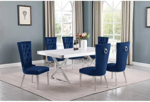 Best Quality Furniture 7pc Small(78) white wood top dining set with silver base and 6 Navy side chiars