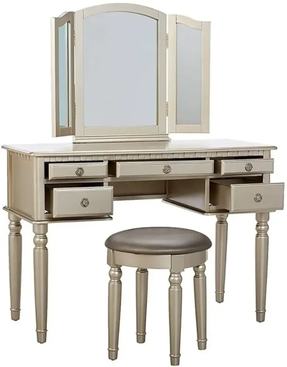 Bedroom Contemporary Vanity Set W Foldable Mirror Stool Drawers Silver Color