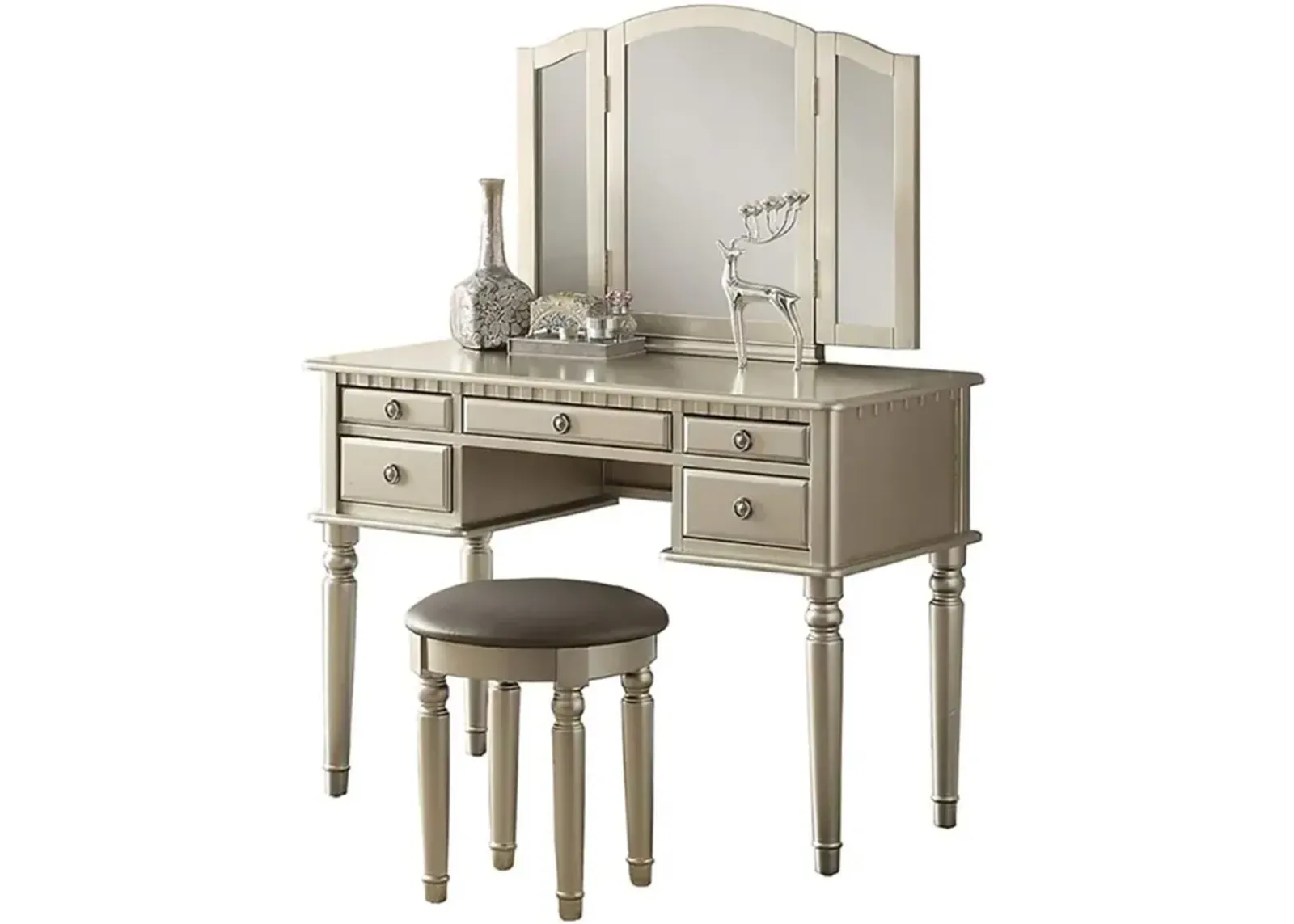 Bedroom Contemporary Vanity Set W Foldable Mirror Stool Drawers Silver Color