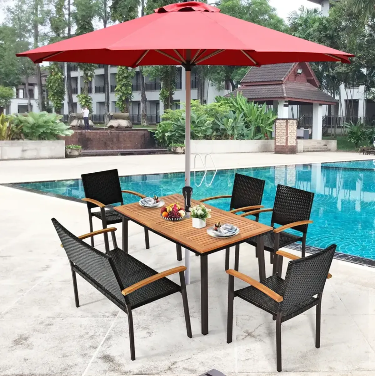 55 Inch Patio Acacia Dining Table with Umbrella Hole