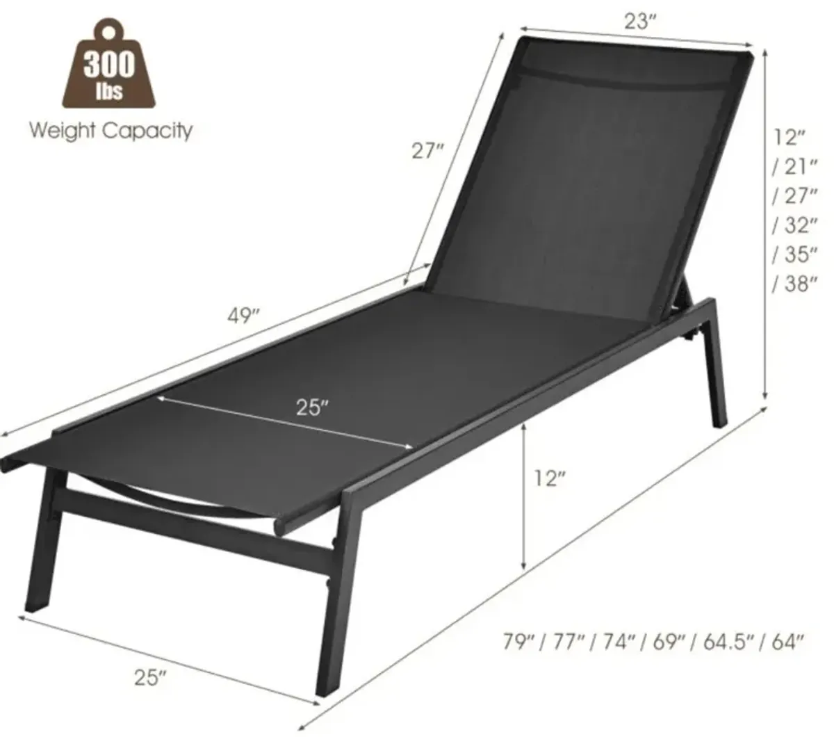 Hivvago Outdoor Reclining Chaise Lounge Chair with 6-Position Adjustable Back