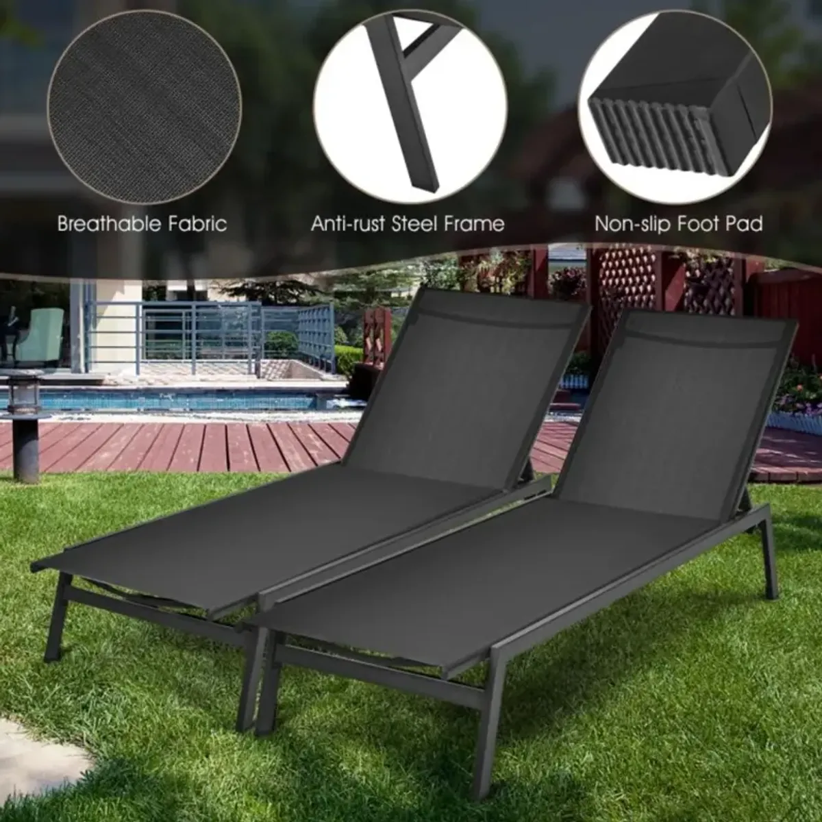 Hivvago Outdoor Reclining Chaise Lounge Chair with 6-Position Adjustable Back