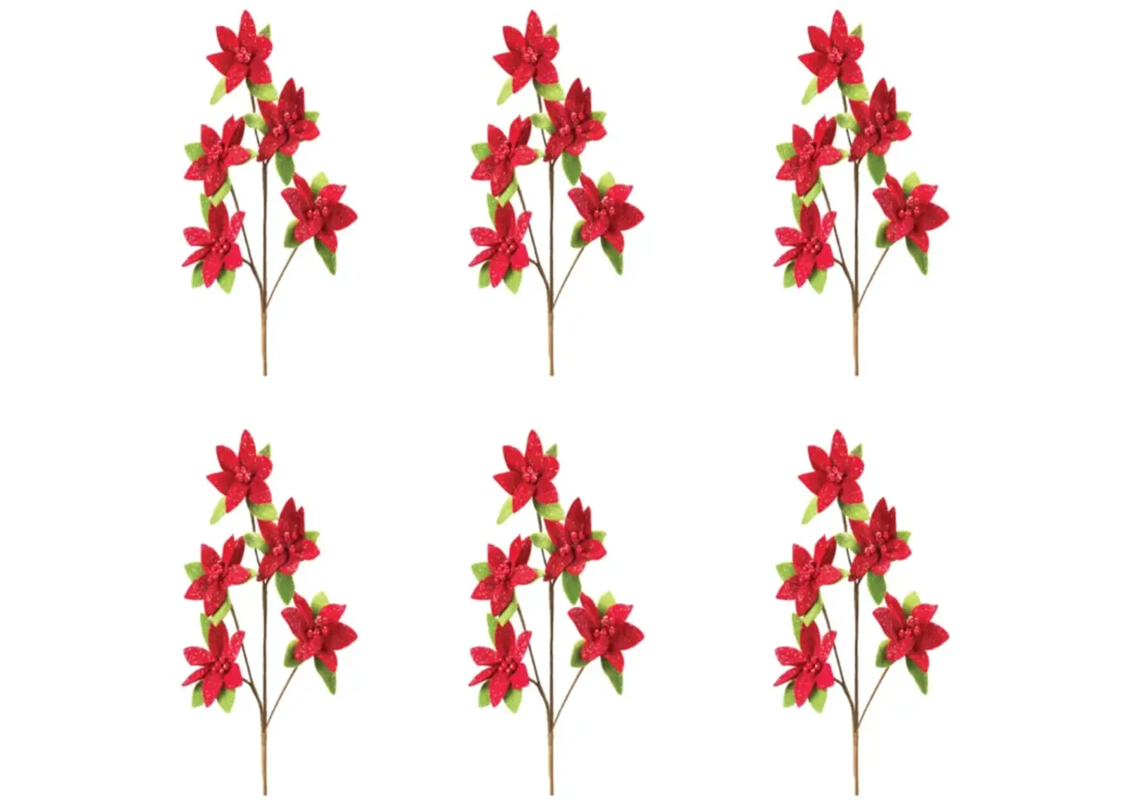 Glittered Poinsettia Artificial Flower Spray for Holiday and Christmas Décor (Set of 6)