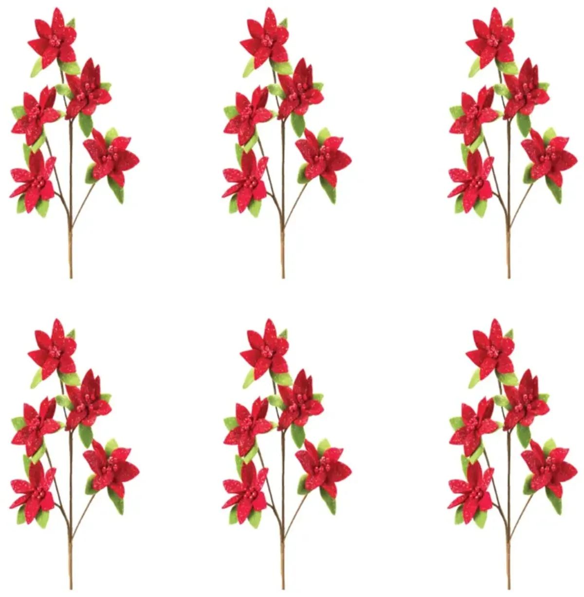 Glittered Poinsettia Artificial Flower Spray for Holiday and Christmas Décor (Set of 6)