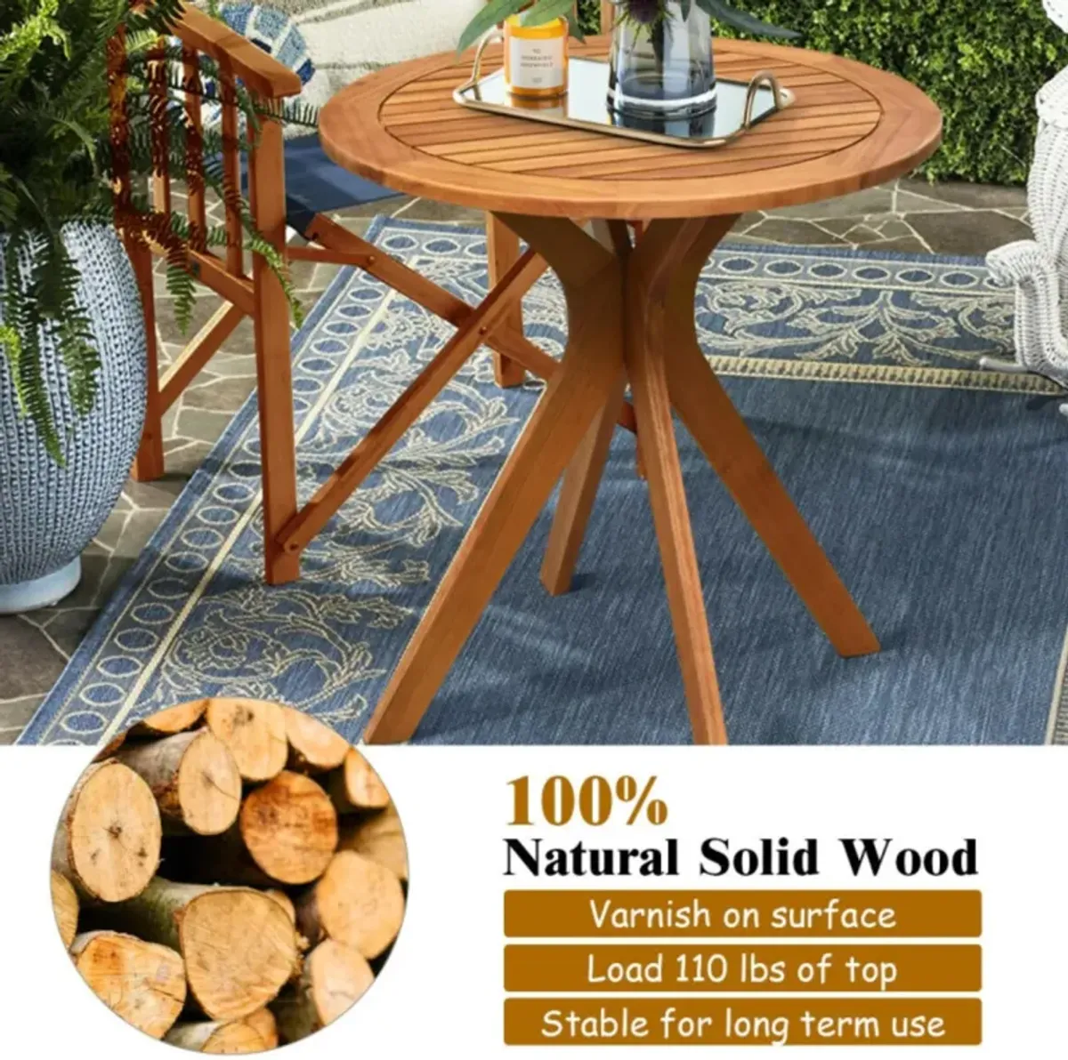 Hivvago 27 Inch Outdoor Round Solid Wood Coffee Side Bistro Table