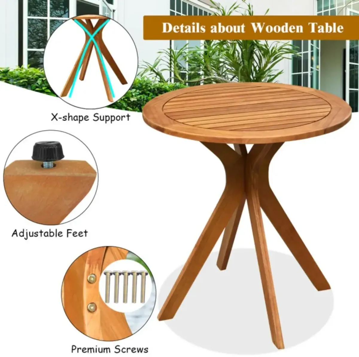 Hivvago 27 Inch Outdoor Round Solid Wood Coffee Side Bistro Table