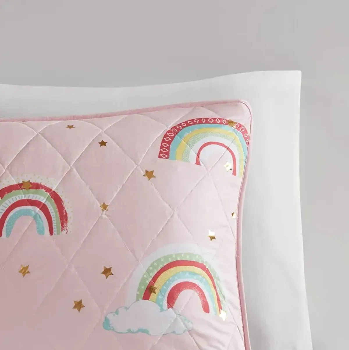 Gracie Mills Thyme Rainbow and Metallic Stars Reversible Quilt Set with Unicorn Throw Pillow