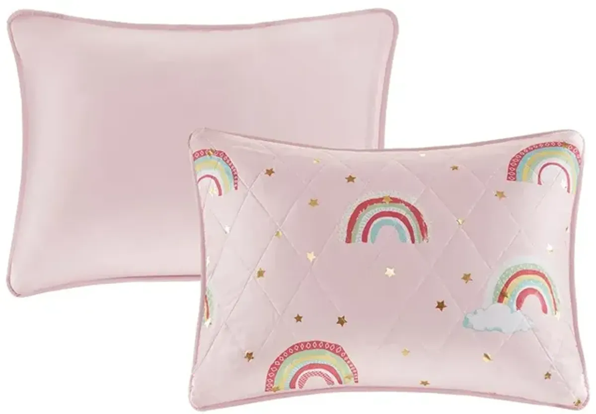 Gracie Mills Thyme Rainbow and Metallic Stars Reversible Quilt Set with Unicorn Throw Pillow