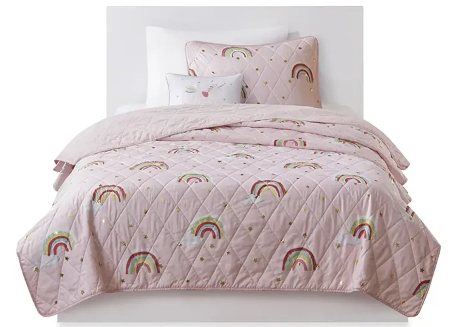 Gracie Mills Thyme Rainbow and Metallic Stars Reversible Quilt Set with Unicorn Throw Pillow