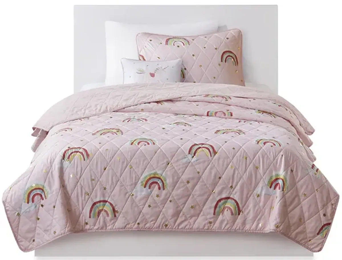 Gracie Mills Thyme Rainbow and Metallic Stars Reversible Quilt Set with Unicorn Throw Pillow