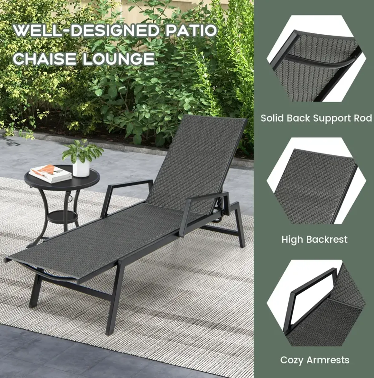 Outdoor Rattan Chaise Lounge Reclining Chair with Armrests and 5-Position Backrest-Brown