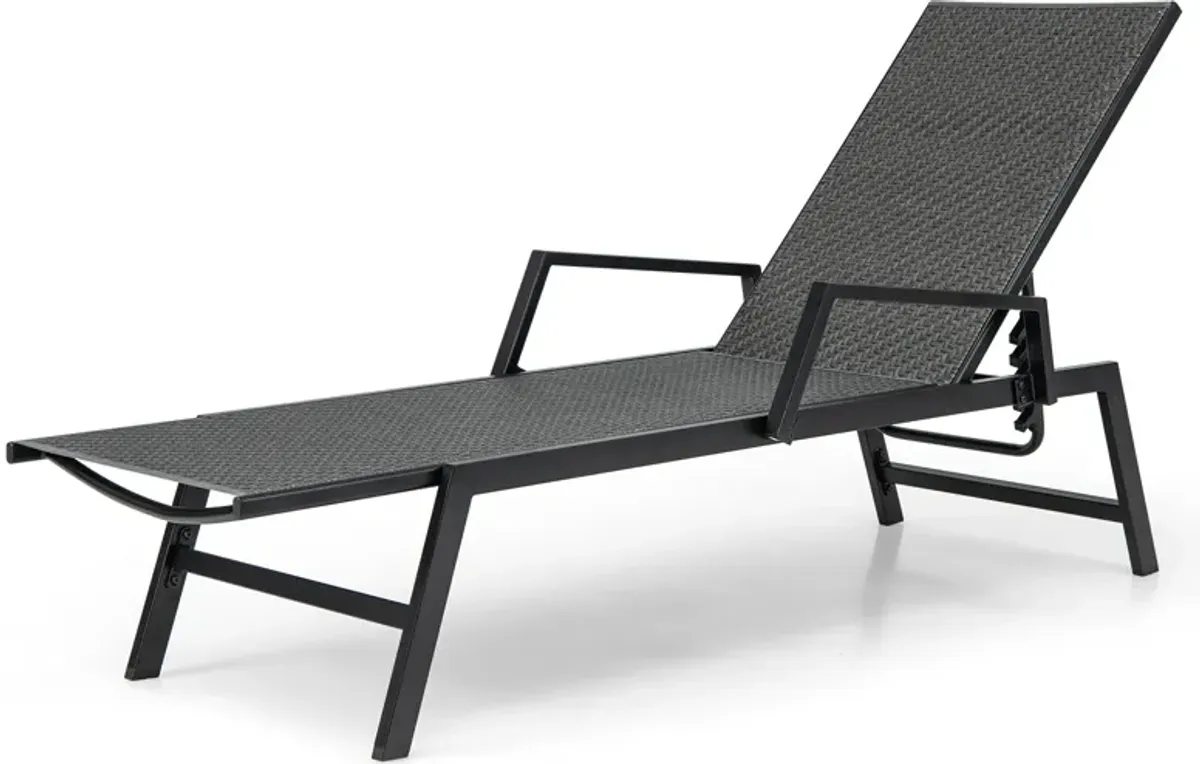 Outdoor Rattan Chaise Lounge Reclining Chair with Armrests and 5-Position Backrest-Brown
