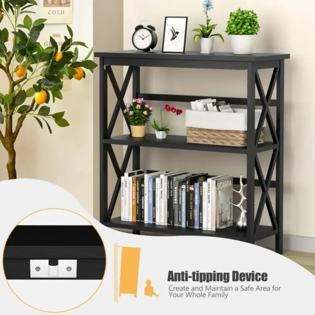 Hivvago 3-Tier Wooden Multi-Functional X-Design Etagere Storage Bookshelf